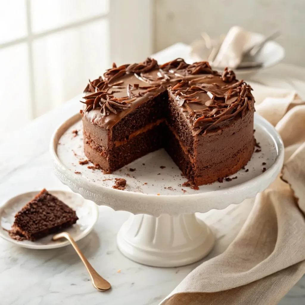 Homemade chocolate zucchini cake with rich chocolate frosting and a moist, fudgy crumb on a cake stand.