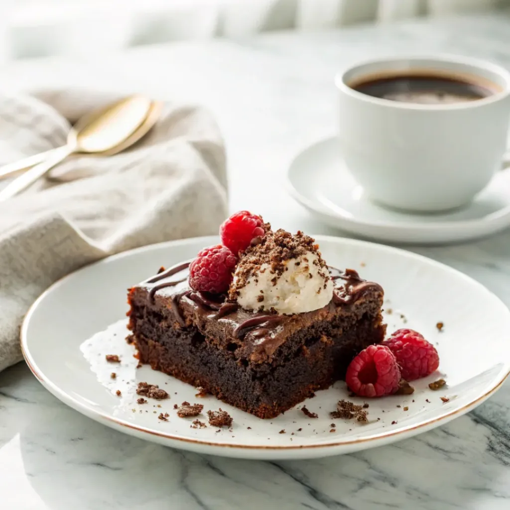 Slice of chocolate zucchini cake served with vanilla ice cream and a cup of coffee.