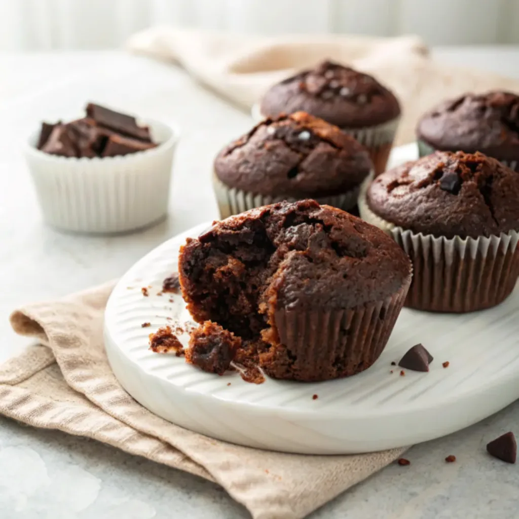 Homemade chocolate zucchini muffins with domed tops and melted chocolate chips on a serving platter.