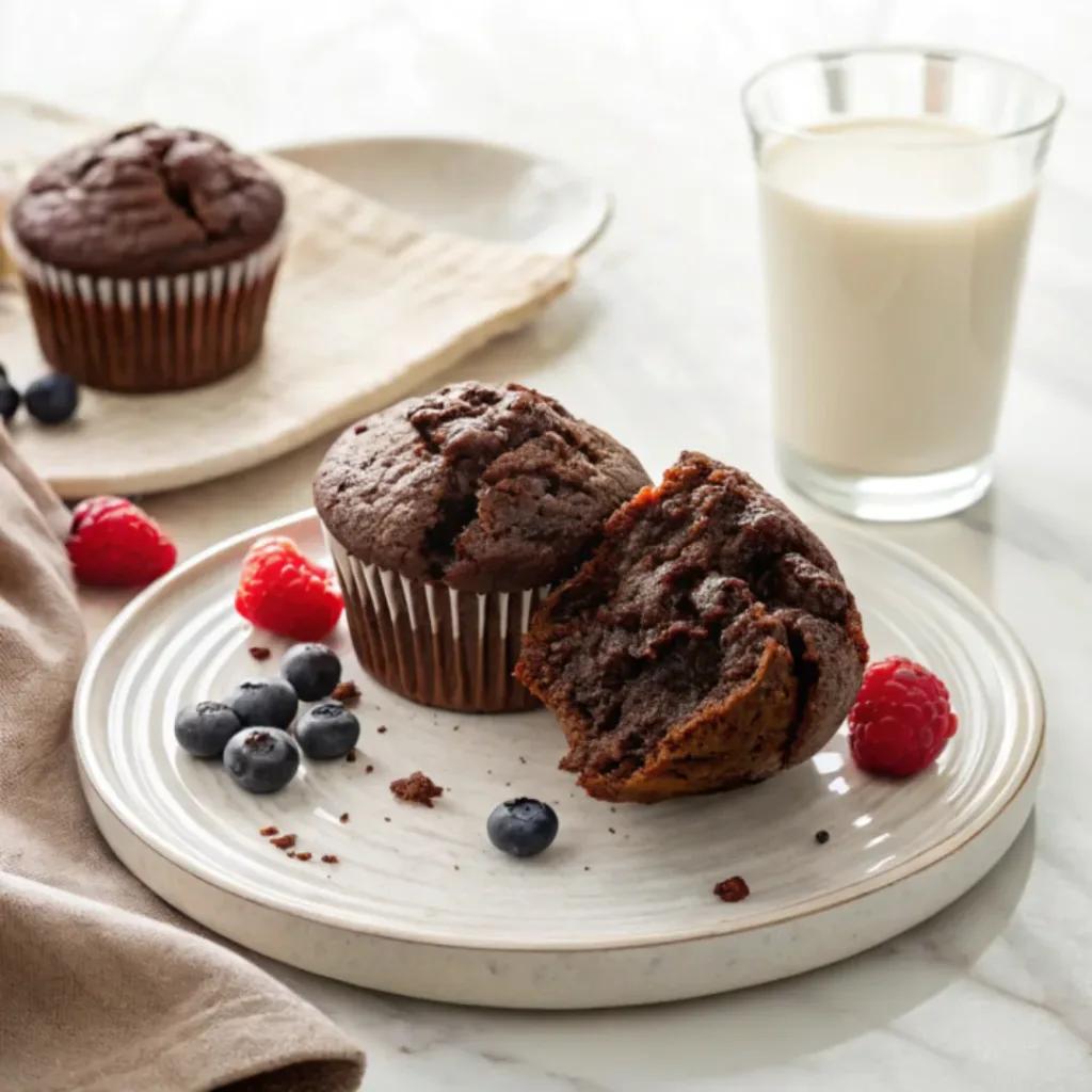 Chocolate Zucchini Muffins - Ultra Moist and Rich Cocoa Treats 8 Chocolate zucchini muffins served with cold milk and fresh berries.