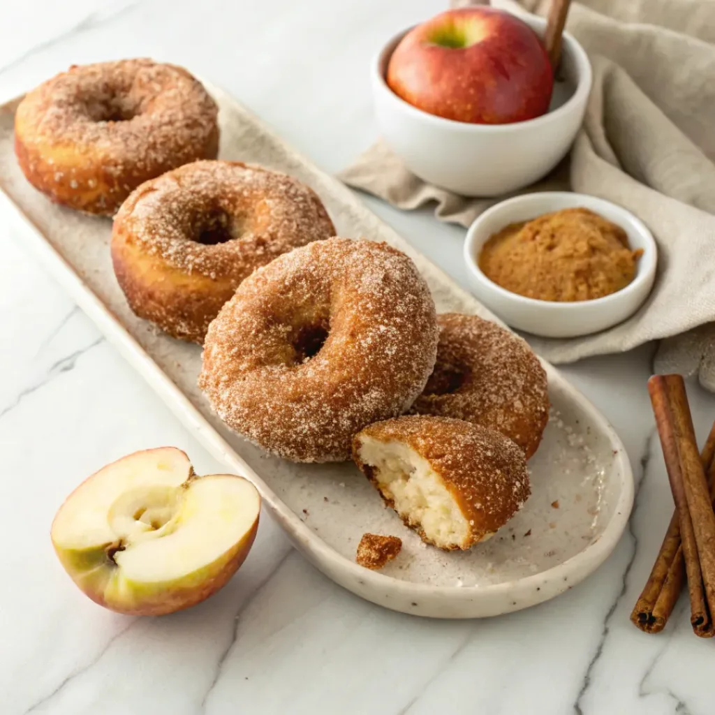 Homemade cinnamon sugar apple donuts coated in cinnamon sugar on a serving platter.