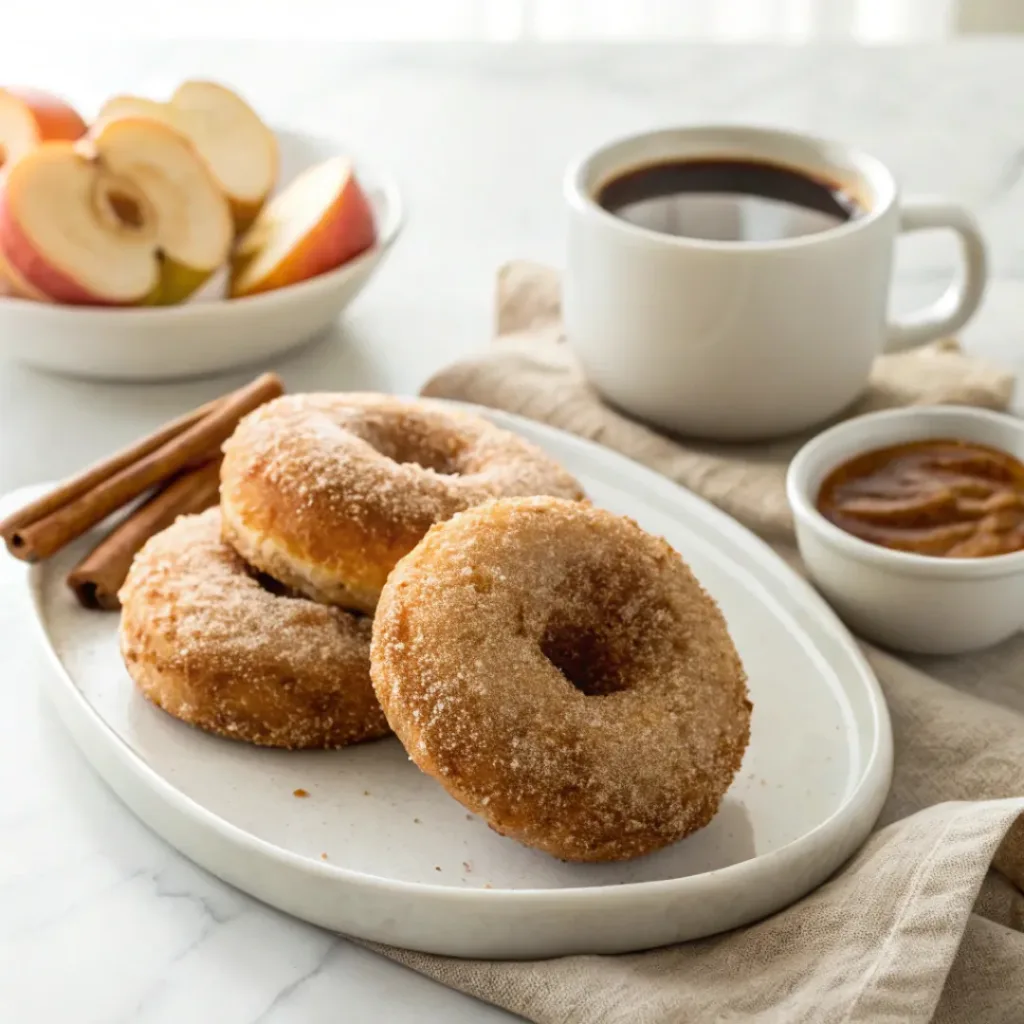 Cinnamon Sugar Apple Donuts - Crispy Easy Autumn Treat 8 Cinnamon sugar apple donuts served with hot coffee and fresh apple slices.