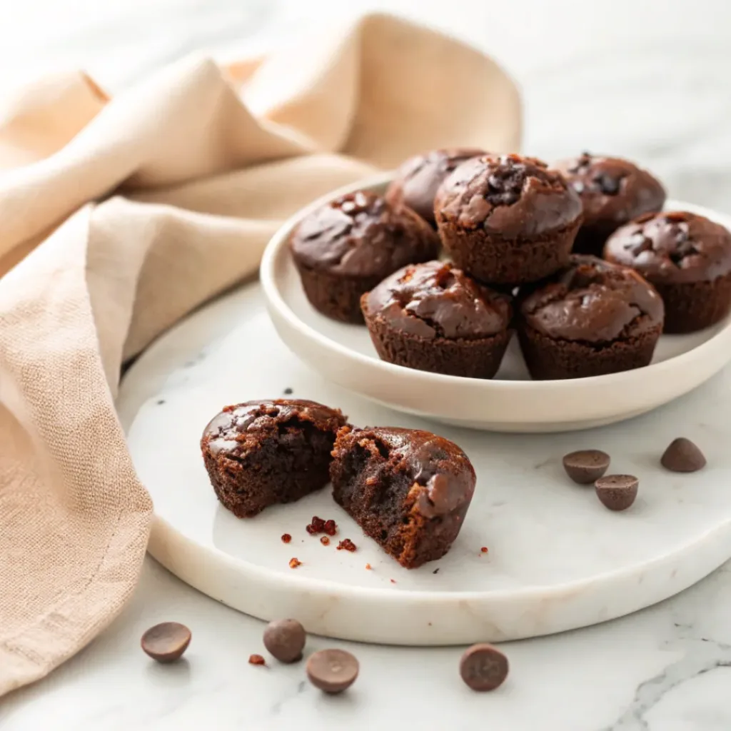 Homemade double chocolate brownie bites with melted chocolate chips and fudgy centers on a serving plate.