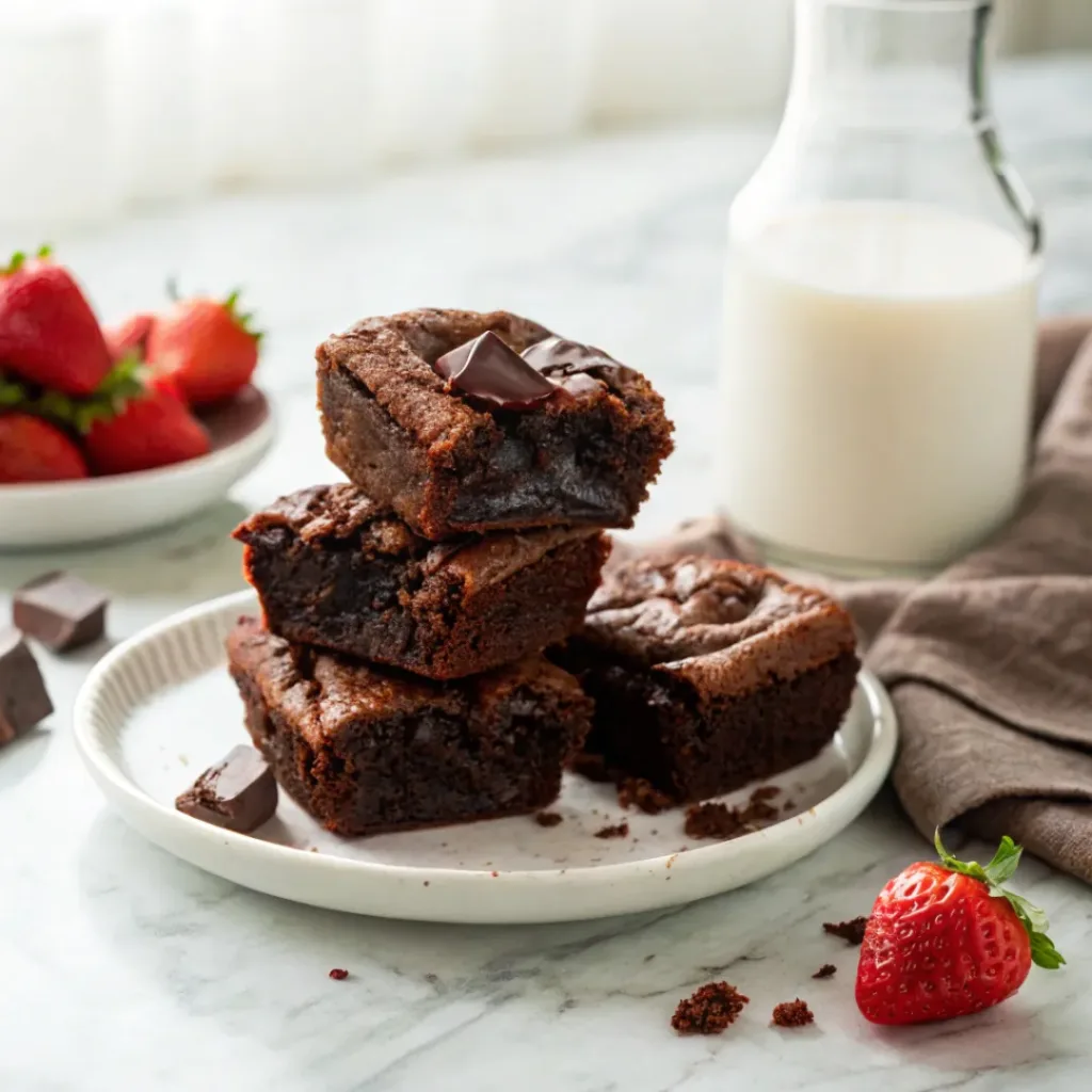 Double chocolate brownie bites served with cold milk and fresh strawberries.