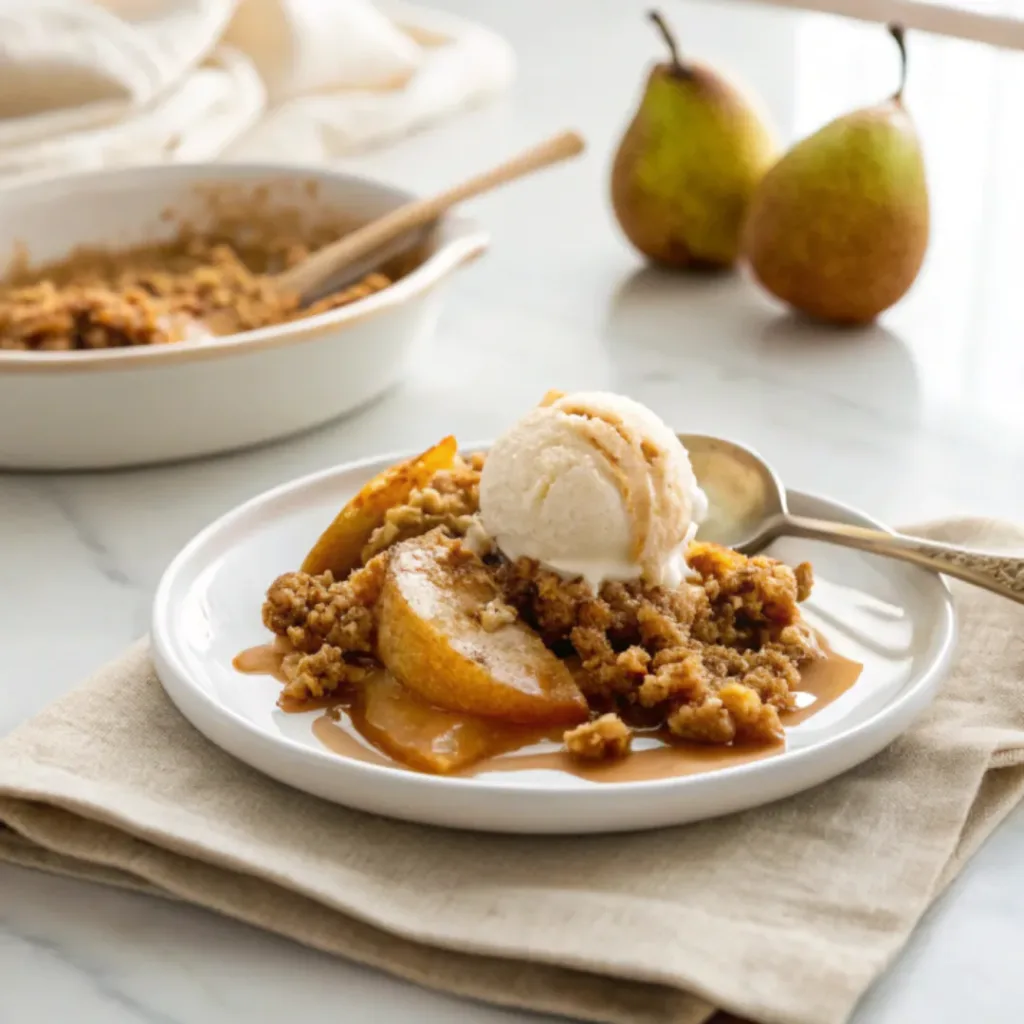 Easy Pear Crisp - Warm and Crispy Autumn Dessert 8 Warm pear crisp served with vanilla ice cream and caramel drizzle.
