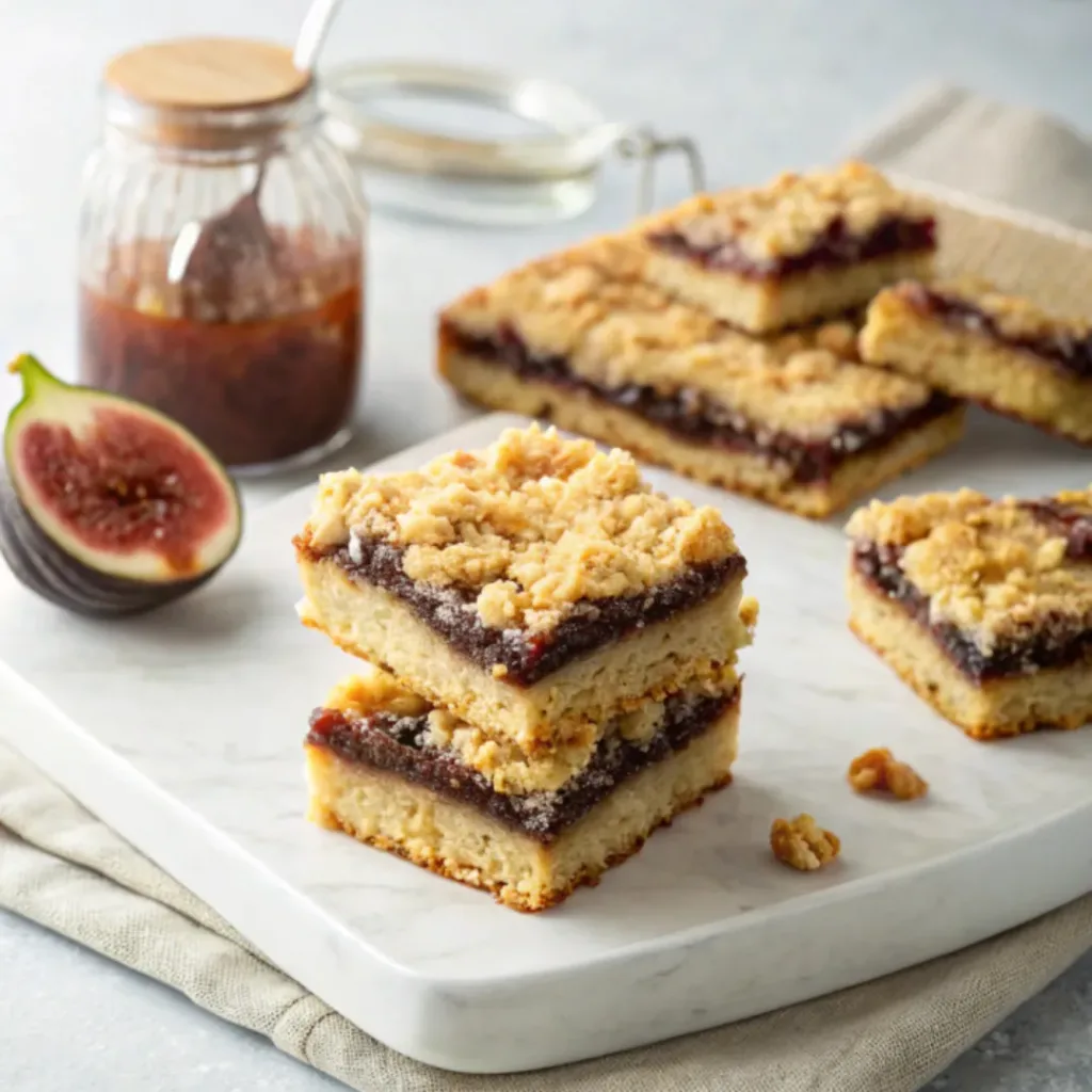 Home 6 Homemade fig jam bars with buttery crumb topping and sweet fig filling on a serving plate.