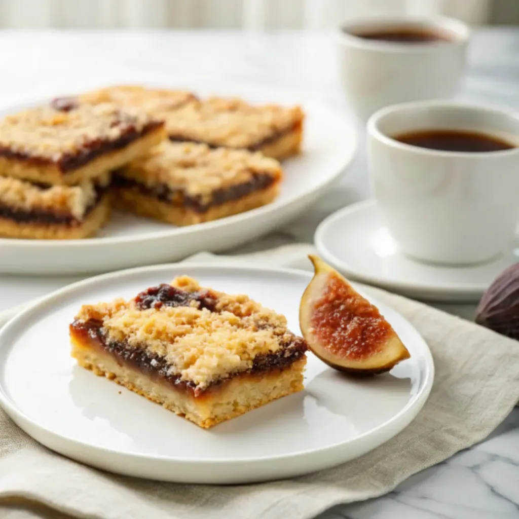 Fig Jam Bars - Perfectly Chewy and Sweet Fruit Squares 8 Fig jam bars served with fresh figs and a cup of coffee.