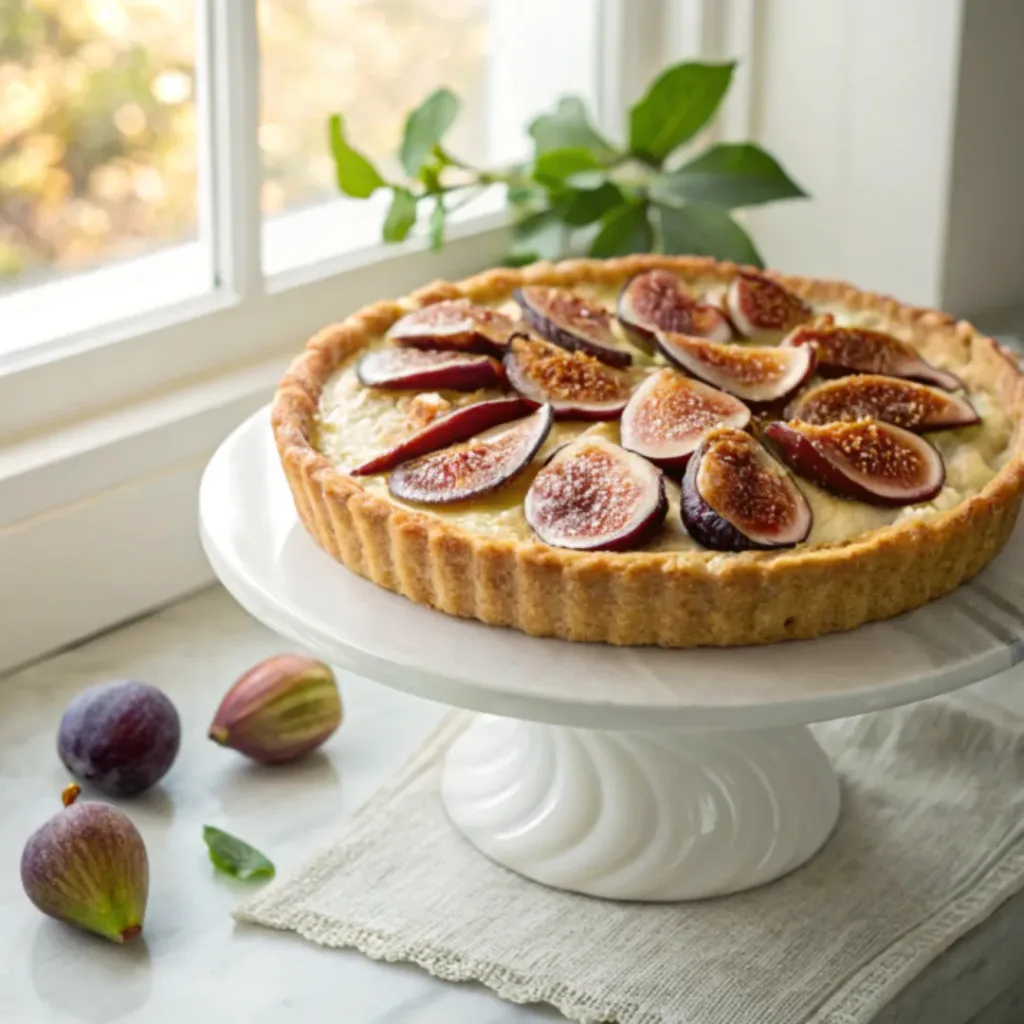 Home 9 Homemade fig tart with almond cream and fresh fig slices in a buttery pastry crust on a tart stand.