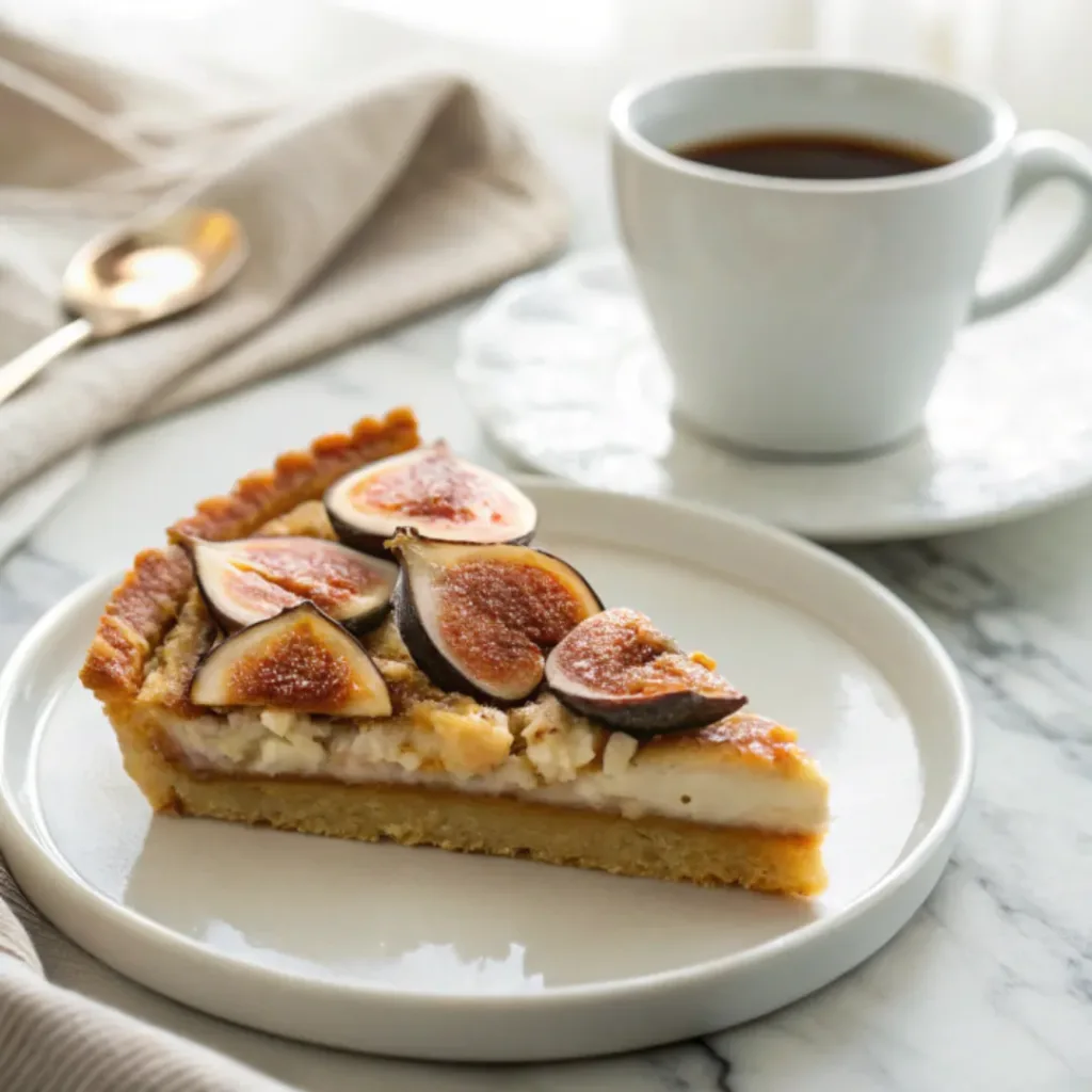 Slice of fig tart with almond cream served with fresh figs and espresso.