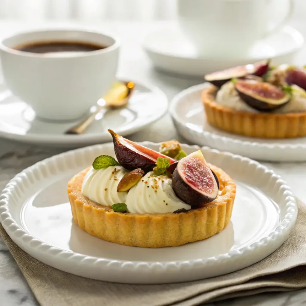Fig Tartlets - Flaky and Creamy Individual Summer Pastries 8 Fresh fig tartlets served with whipped cream, fresh figs, and a cup of espresso.