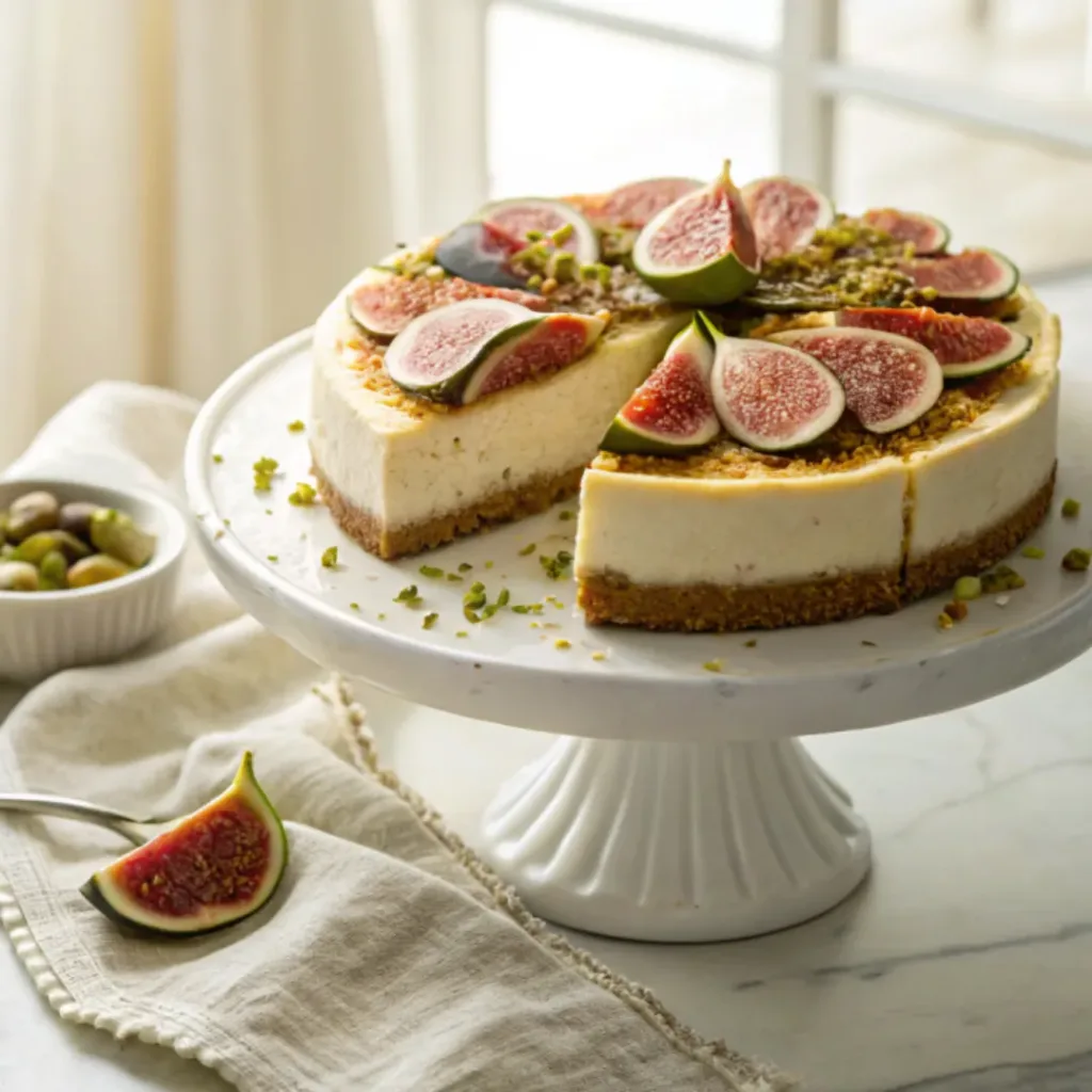 Home 7 Homemade fig and honey cheesecake topped with fresh figs and honey drizzle on a cake stand.