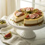 Homemade fig and honey cheesecake topped with fresh figs and honey drizzle on a cake stand.