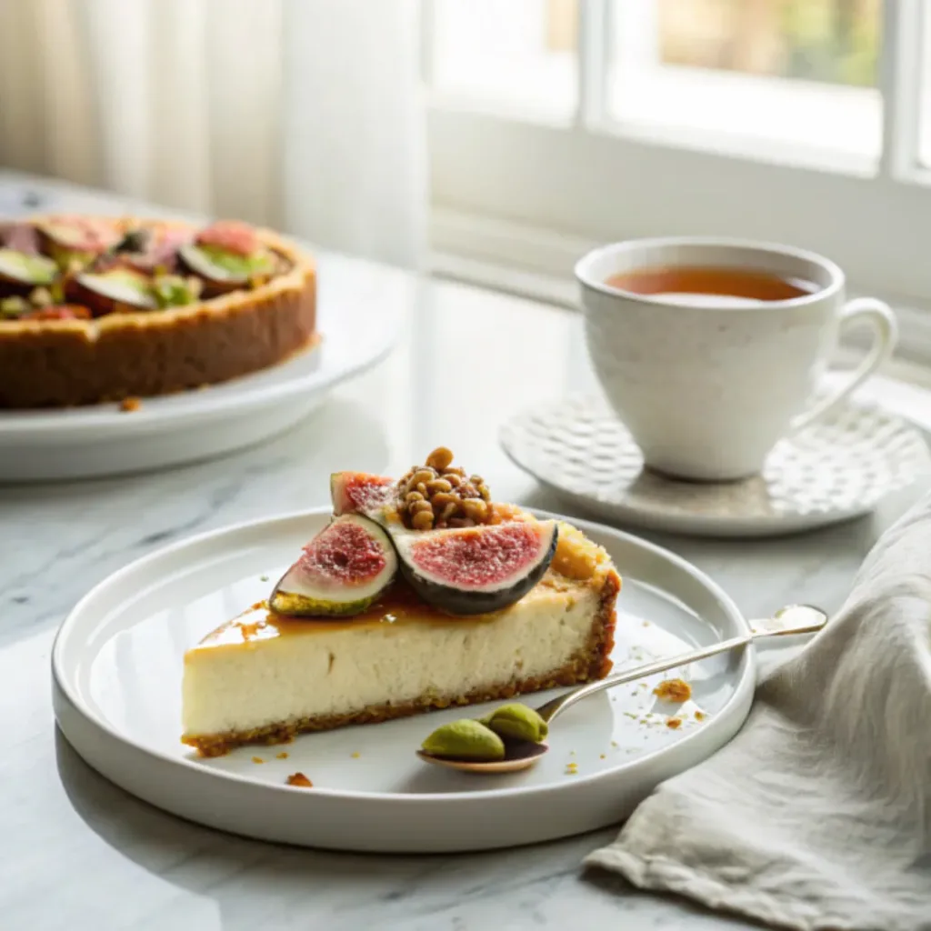 Fig and Honey Cheesecake - Ultra Creamy and Elegant Summer Dessert 8 Slice of fig and honey cheesecake served with fresh figs, honey, and a cup of tea.