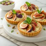Homemade fig tartlets with buttery pastry, vanilla cream, and fresh fig slices on a serving platter.