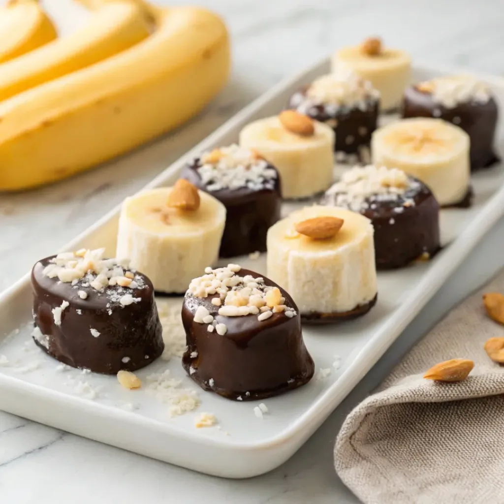 Homemade frozen banana bites coated in chocolate and topped with chopped nuts on a serving plate.