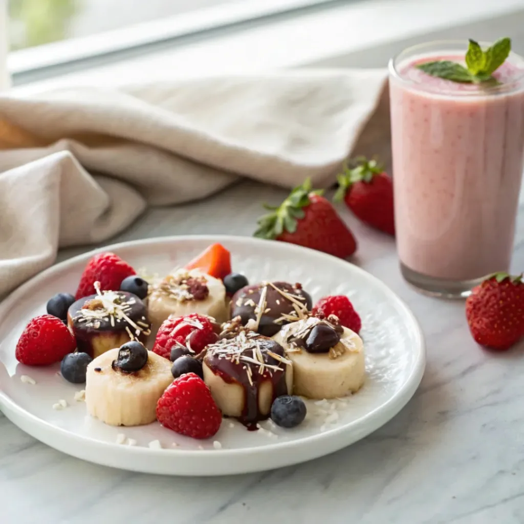 Frozen chocolate-covered banana bites served with fresh strawberries, blueberries, and a cold smoothie.