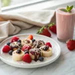 Frozen chocolate-covered banana bites served with fresh strawberries, blueberries, and a cold smoothie.