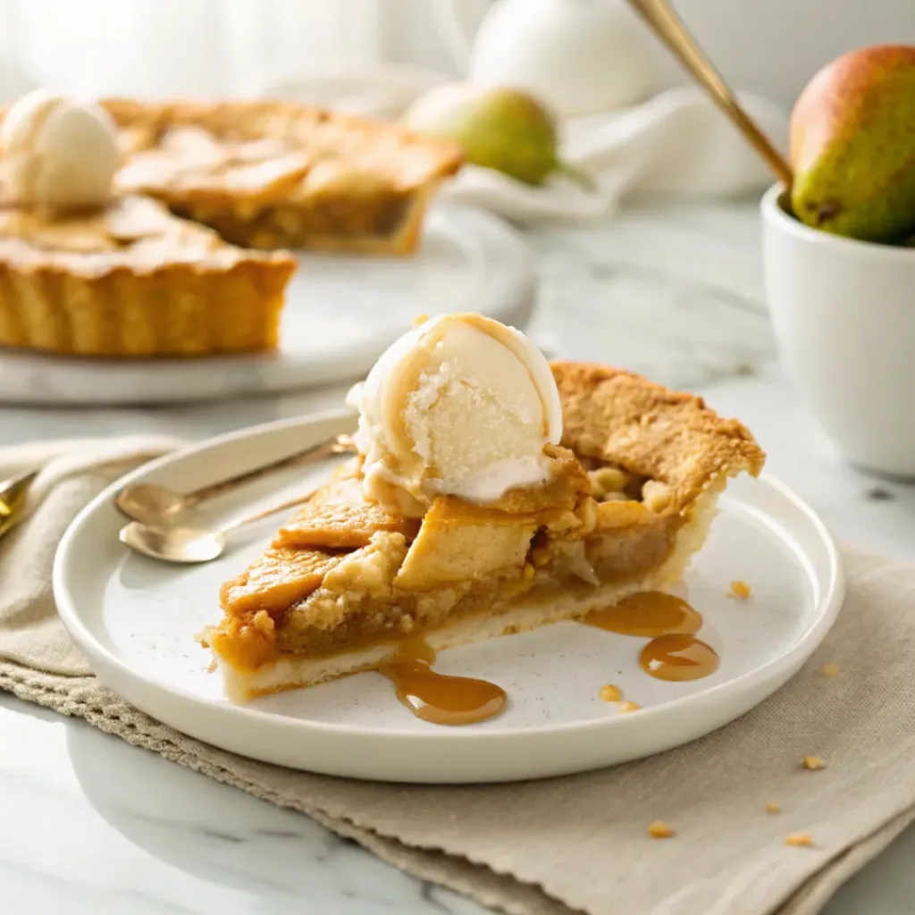Slice of ginger pear pie served with vanilla ice cream and hot tea.