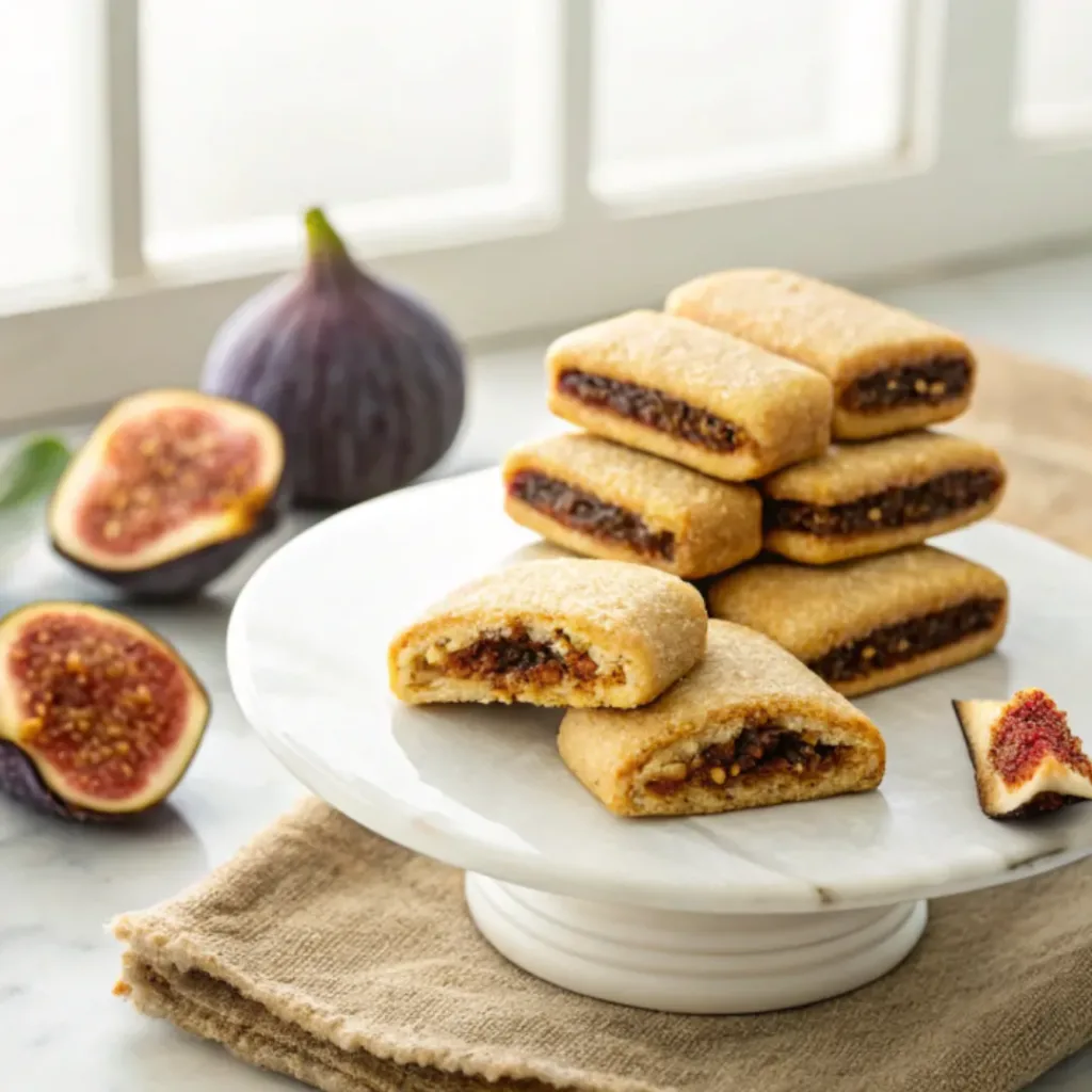 Home 8 Homemade Fig Newton cookies with a soft golden cookie exterior and sweet fig filling on a serving plate.