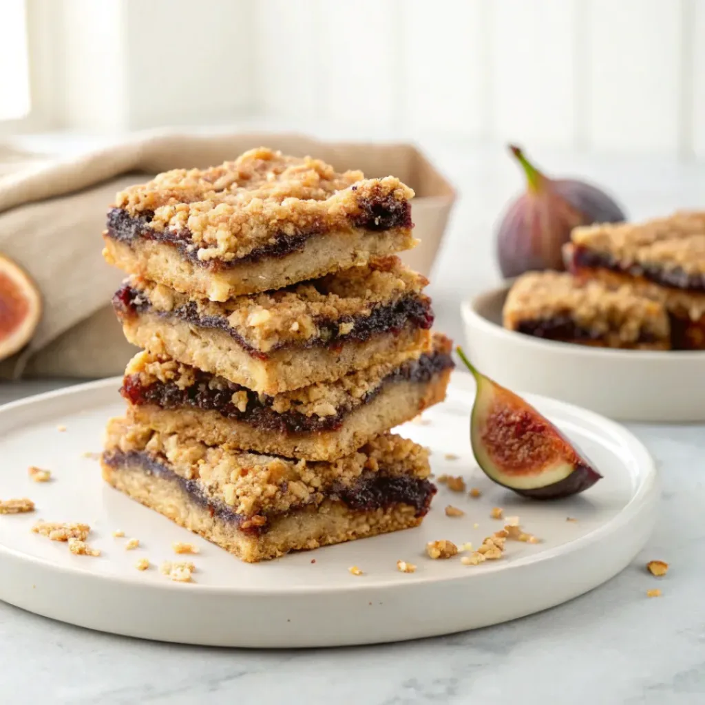 Home 7 Homemade oatmeal fig bars with a buttery oat crumble and sweet fig filling on a serving plate.