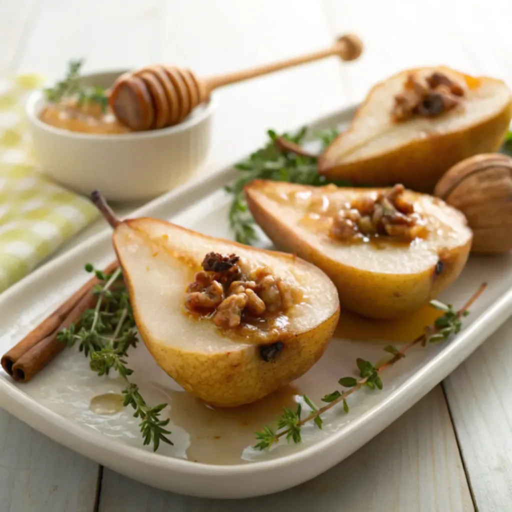 Home 8 Homemade honey baked pears topped with chopped walnuts and honey glaze on a serving platter.