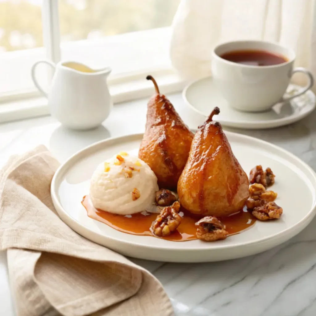 Honey baked pears served with vanilla ice cream and honey drizzle.