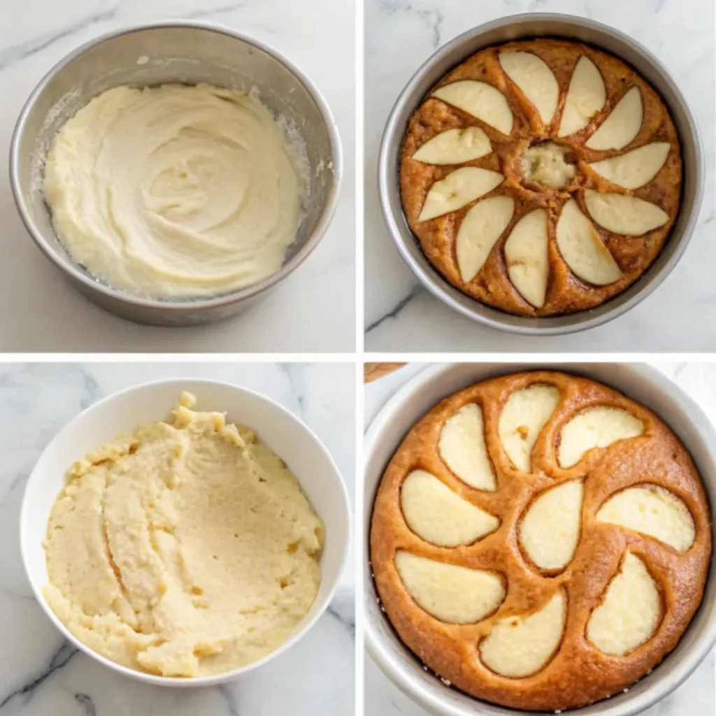 Almond French Pear Cake - Elegant and Easy Dessert 7 Step-by-step collage showing mixing almond batter, arranging pears, baking, dusting with powdered sugar, and slicing almond French pear cake.