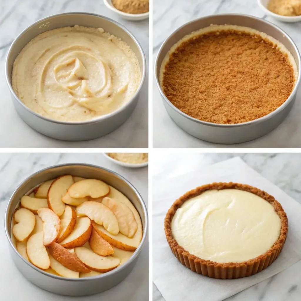 Step-by-step collage showing preparing the crust, mixing the cheesecake filling, cooking apples, baking, topping, and slicing apple cheesecake.