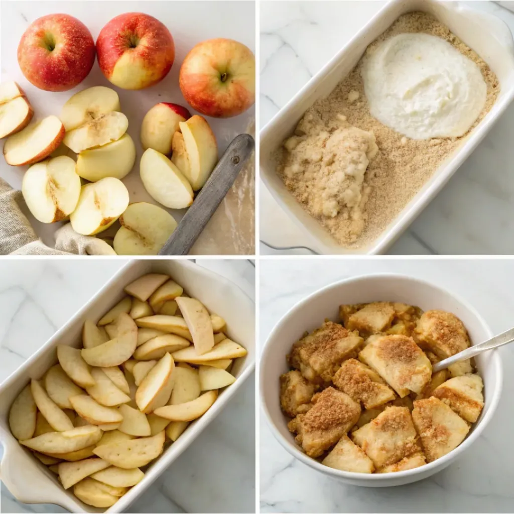 Step-by-step collage showing slicing apples, preparing the filling, making the biscuit topping, baking, and serving apple cobbler.