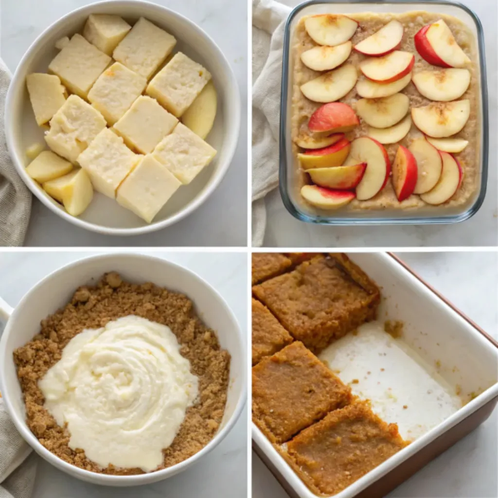 Step-by-step collage showing preparing the crust, cooking cinnamon apples, layering the filling, adding whipped topping, chilling, and serving Apple Delight dessert.