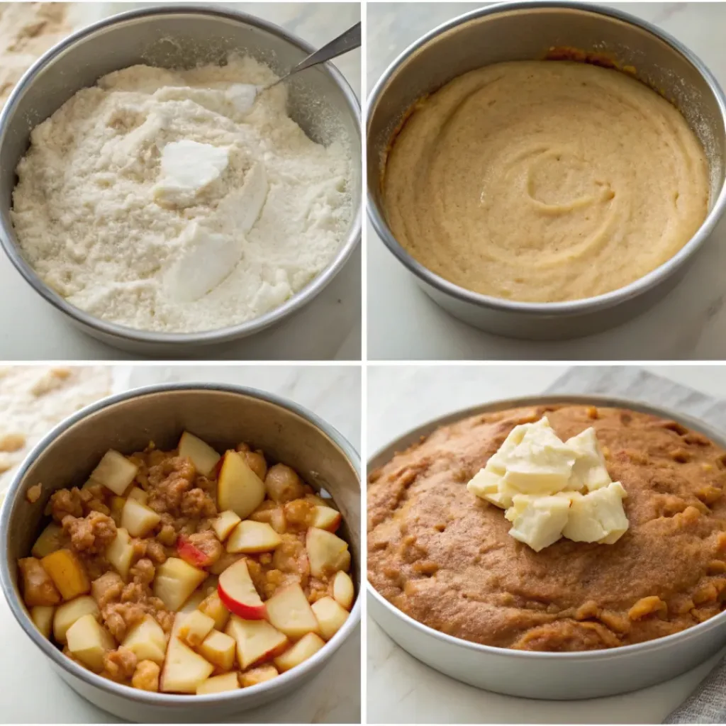 Apple Spice Cake - Moist and Easy Autumn Dessert 7 Step-by-step collage showing preparing the batter, folding in apples, baking the cake layers, frosting, and serving apple spice cake.