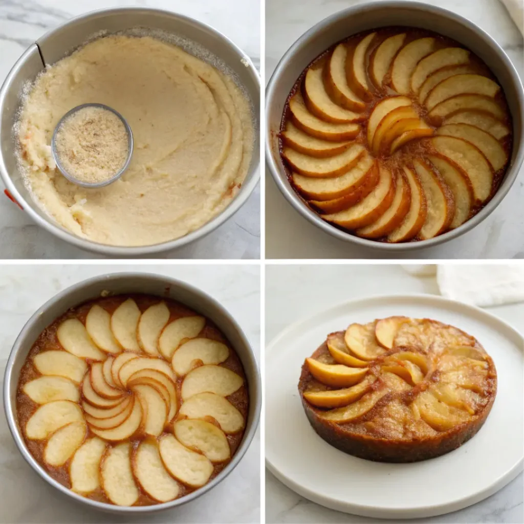 Apple Upside Down Cake - Perfectly Caramelized Autumn Showstopper 7 Step-by-step collage showing preparing the caramel, arranging apple slices, adding the batter, baking, flipping, and serving apple upside down cake.