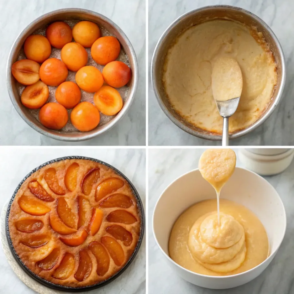 Apricot Upside-Down Cake - Beautifully Moist Summer Dessert 7 Step-by-step collage showing the process of preparing apricot upside-down cake from arranging fruit to baking and inverting the cake.