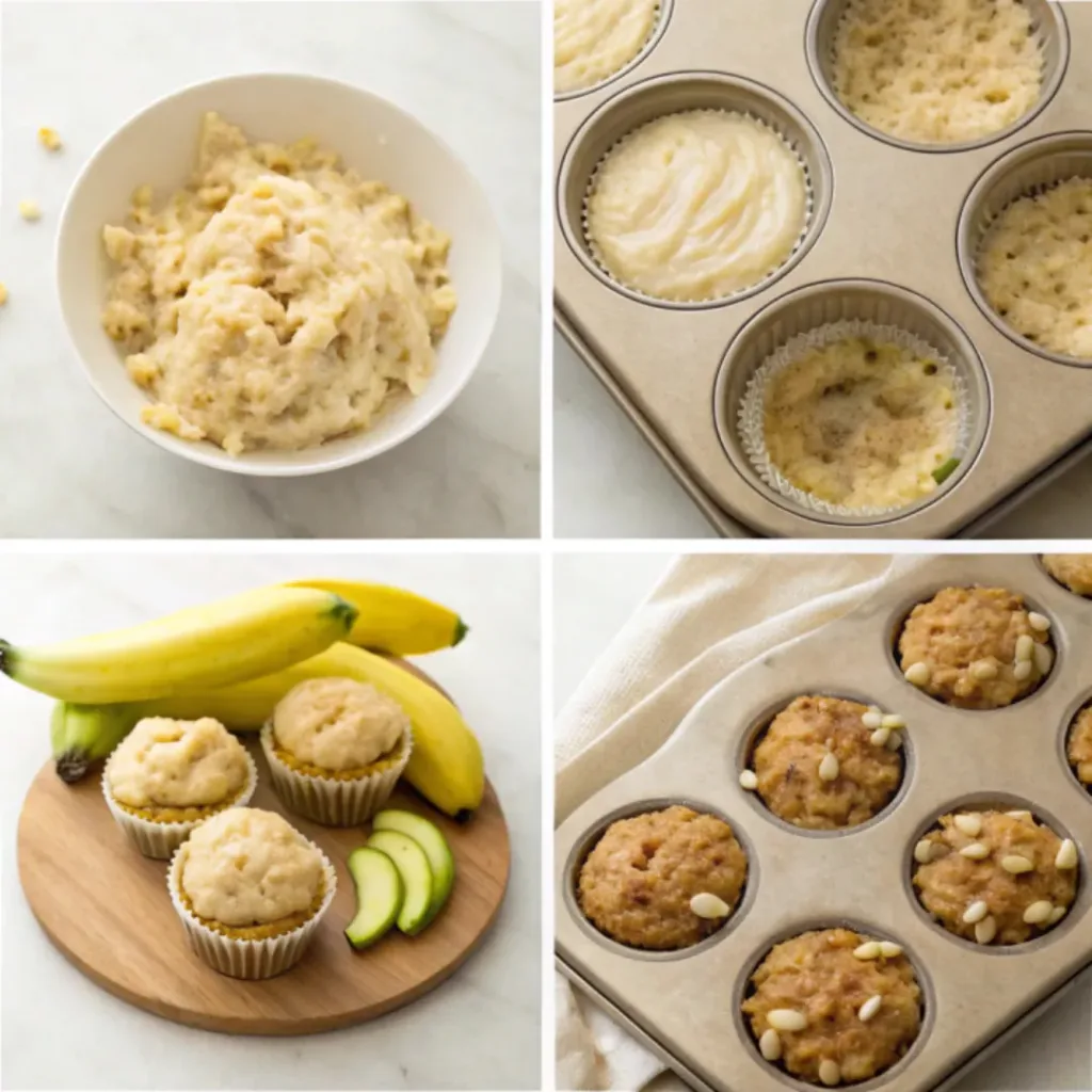 Step-by-step collage showing mashing bananas, grating zucchini, mixing batter, filling muffin cups, baking, and serving banana zucchini muffins.