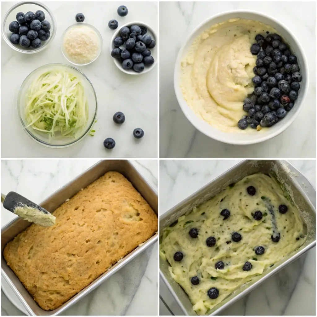 Blueberry Zucchini Bread - Super Moist and Easy Summer Loaf 7 Step-by-step collage showing grating zucchini, mixing the batter, folding in blueberries, baking, slicing, and serving blueberry zucchini bread.