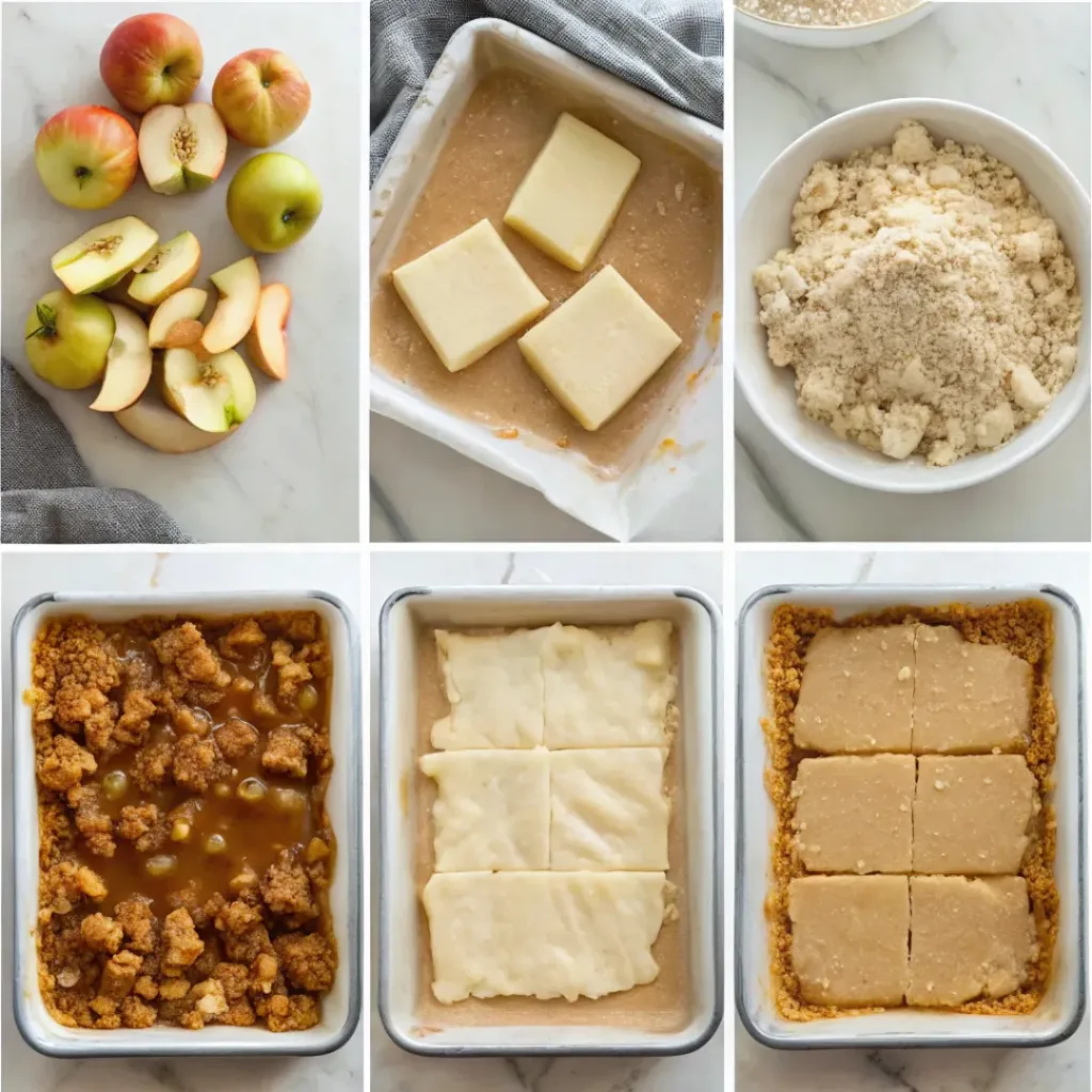 Caramel Apple Bars - Easy Chewy Oat Layer Dessert 6 Step-by-step collage showing preparing the crust, cooking the apple filling, adding crumble topping, baking, drizzling caramel, and slicing caramel apple bars.