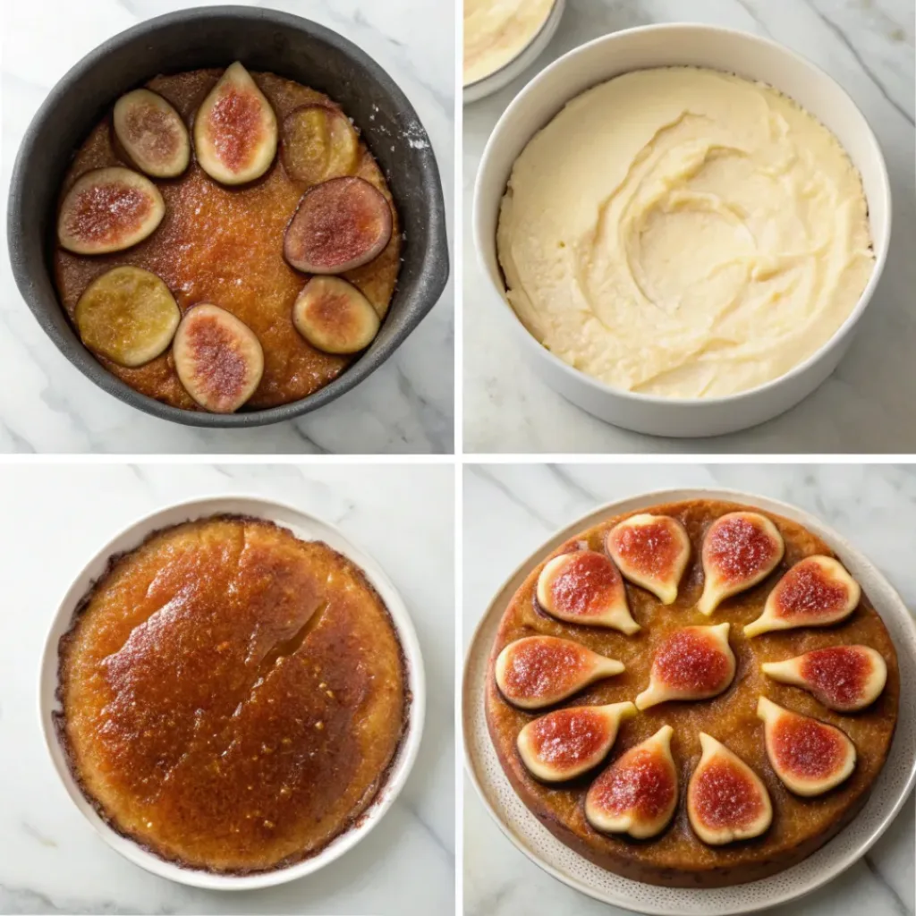 Caramelized Fig Upside down Cake - Beautifully Sweet Autumn Masterpiece 7 Step-by-step collage showing preparing the caramel, arranging fresh figs, adding the batter, baking, flipping, and serving caramelized fig upside-down cake.