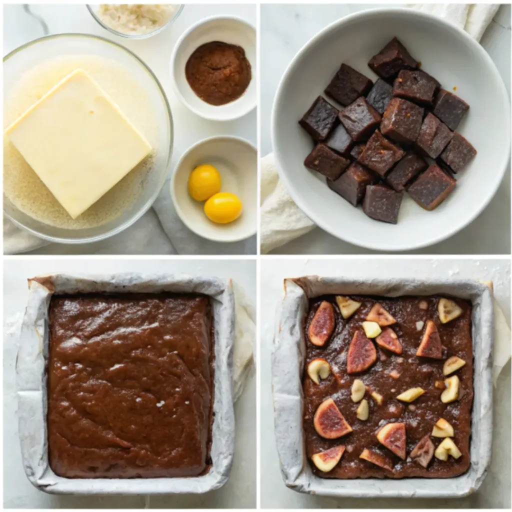 Chocolate fig brownies - Fudgy and Rich Gluten-Free Squares 7 Step-by-step collage showing melting chocolate, mixing brownie batter, folding in figs, baking, cooling, and slicing chocolate fig brownies.