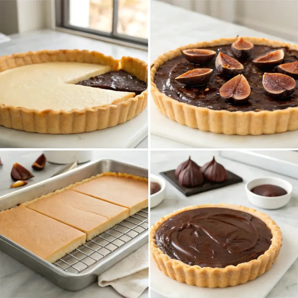 Chocolate Fig Tart - Elegant and Rich Dessert 7 Step-by-step collage showing preparing the tart crust, making chocolate ganache, assembling fresh figs, and serving chocolate fig tart.