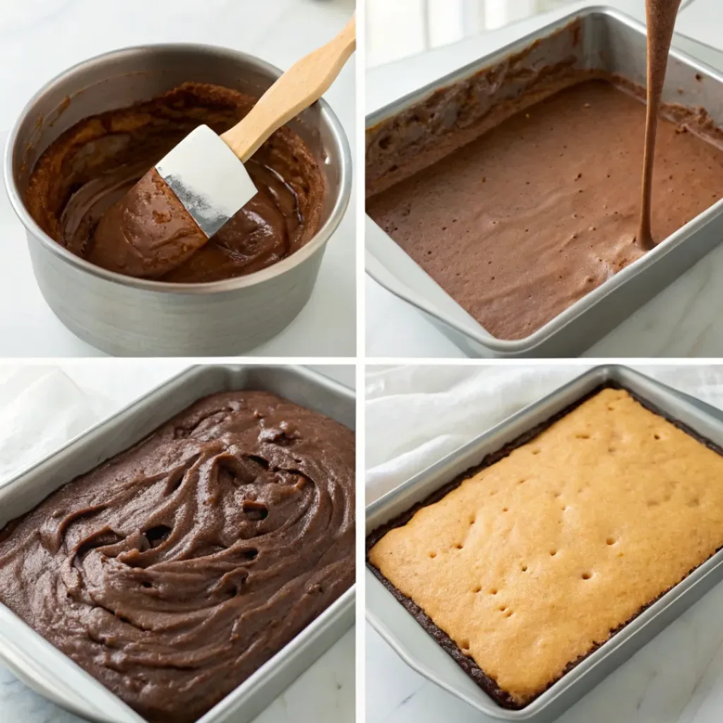 Chocolate Poke Cake - Extra Fudgy and Easy Summer Treat 7 Step-by-step collage showing the process of baking, poking, filling, frosting, and finishing a chocolate poke cake.