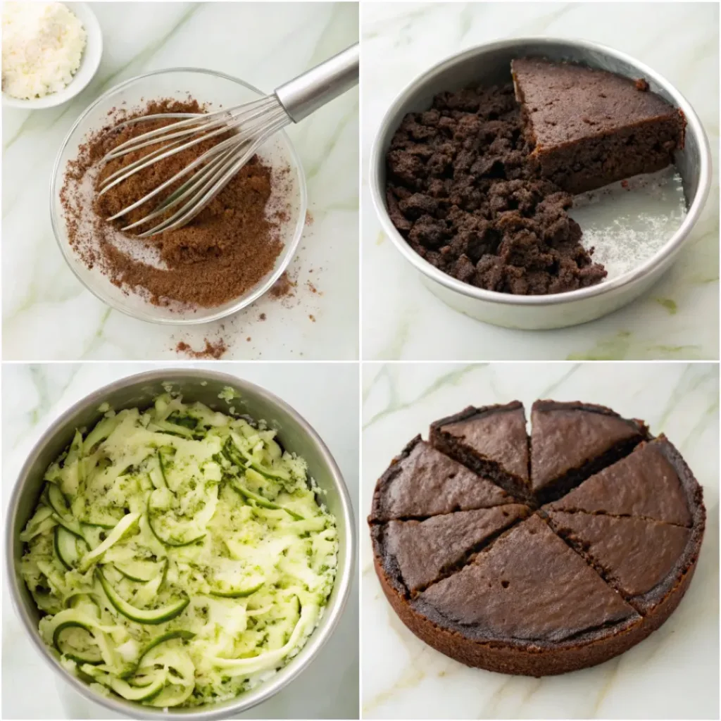 Step-by-step collage showing grating zucchini, mixing chocolate batter, folding in zucchini, baking, frosting, and serving chocolate zucchini cake.