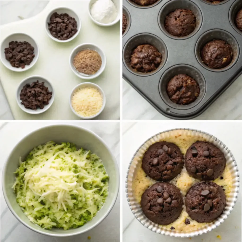 Chocolate Zucchini Muffins - Ultra Moist and Rich Cocoa Treats 7 Step-by-step collage showing grating zucchini, mixing chocolate batter, folding in chocolate chips, filling muffin cups, baking, and serving chocolate zucchini muffins.