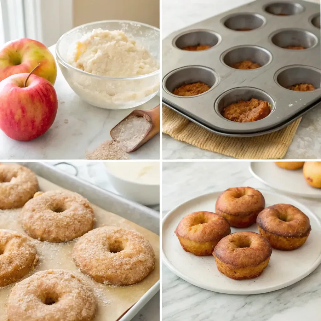 Cinnamon Sugar Apple Donuts - Crispy Easy Autumn Treat 7 Step-by-step collage showing preparing the batter, filling the donut pan, baking, coating in cinnamon sugar, and serving apple donuts.