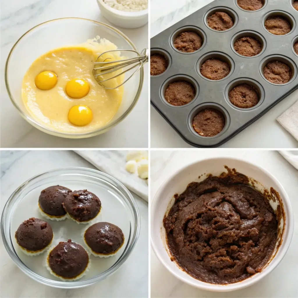 Step-by-step collage showing mixing brownie batter, filling the pan, baking, cooling, and serving double chocolate brownie bites.