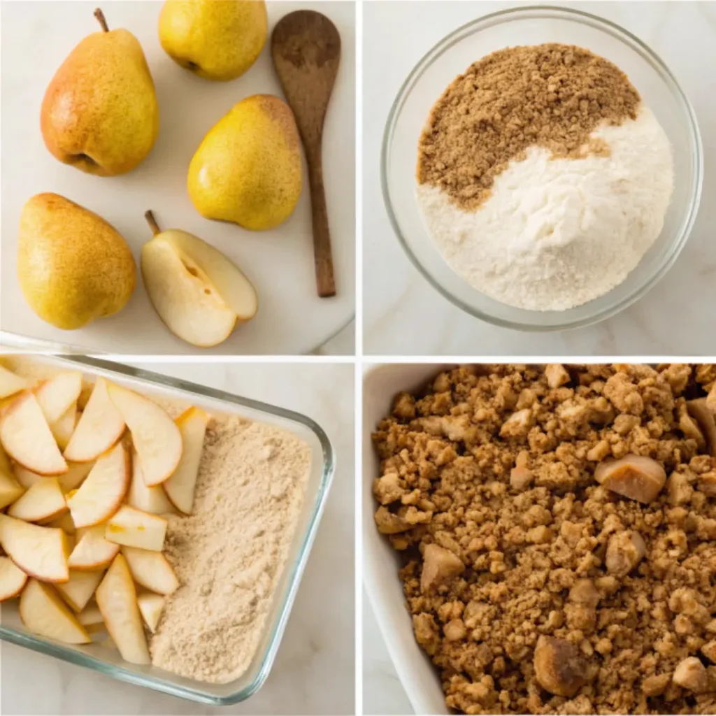 Easy Pear Crisp - Warm and Crispy Autumn Dessert 7 Step-by-step collage showing slicing pears, preparing the filling, making the oat crumble, baking, and serving easy pear crisp.