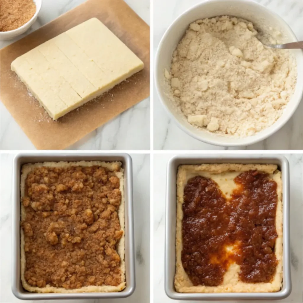 Fig Jam Bars - Perfectly Chewy and Sweet Fruit Squares 7 Step-by-step collage showing preparing the crust, spreading fig jam, adding crumble topping, baking, and slicing fig jam bars.