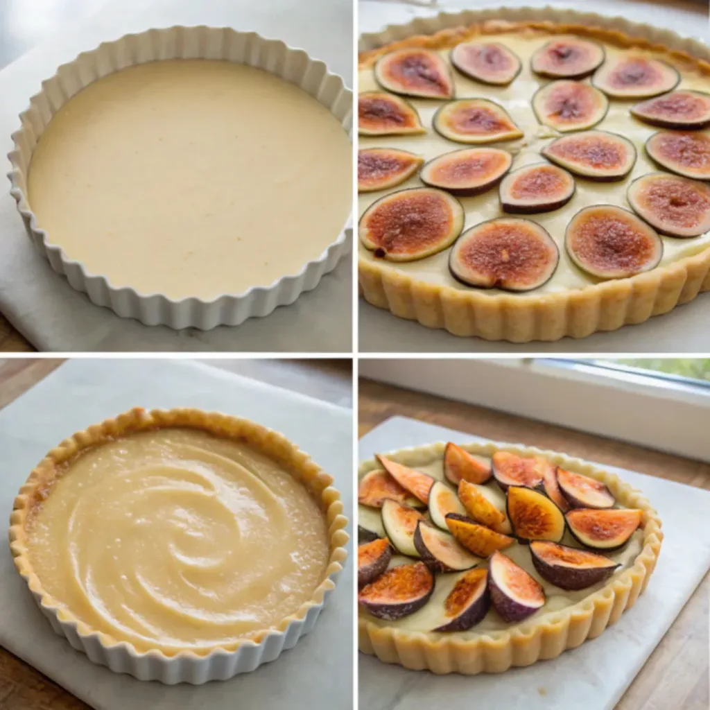 Step-by-step collage showing preparing the tart shell, making almond cream, arranging figs, baking, glazing, and serving fig tart with almond cream.