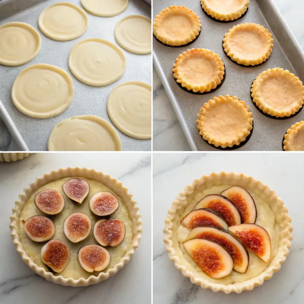Fig Tartlets - Flaky and Creamy Individual Summer Pastries 7 Step-by-step collage showing preparing the pastry, baking tart shells, filling with cream, arranging figs, glazing, and serving fig tartlets.