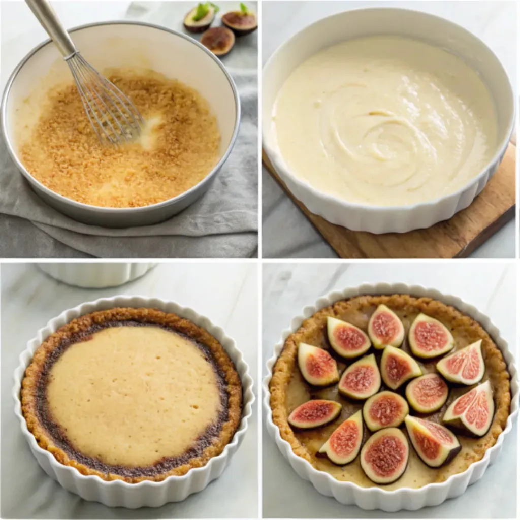 Fig and Honey Cheesecake - Ultra Creamy and Elegant Summer Dessert 7 Step-by-step collage showing preparing the crust, mixing the cheesecake filling, baking, decorating with figs, and serving fig and honey cheesecake.