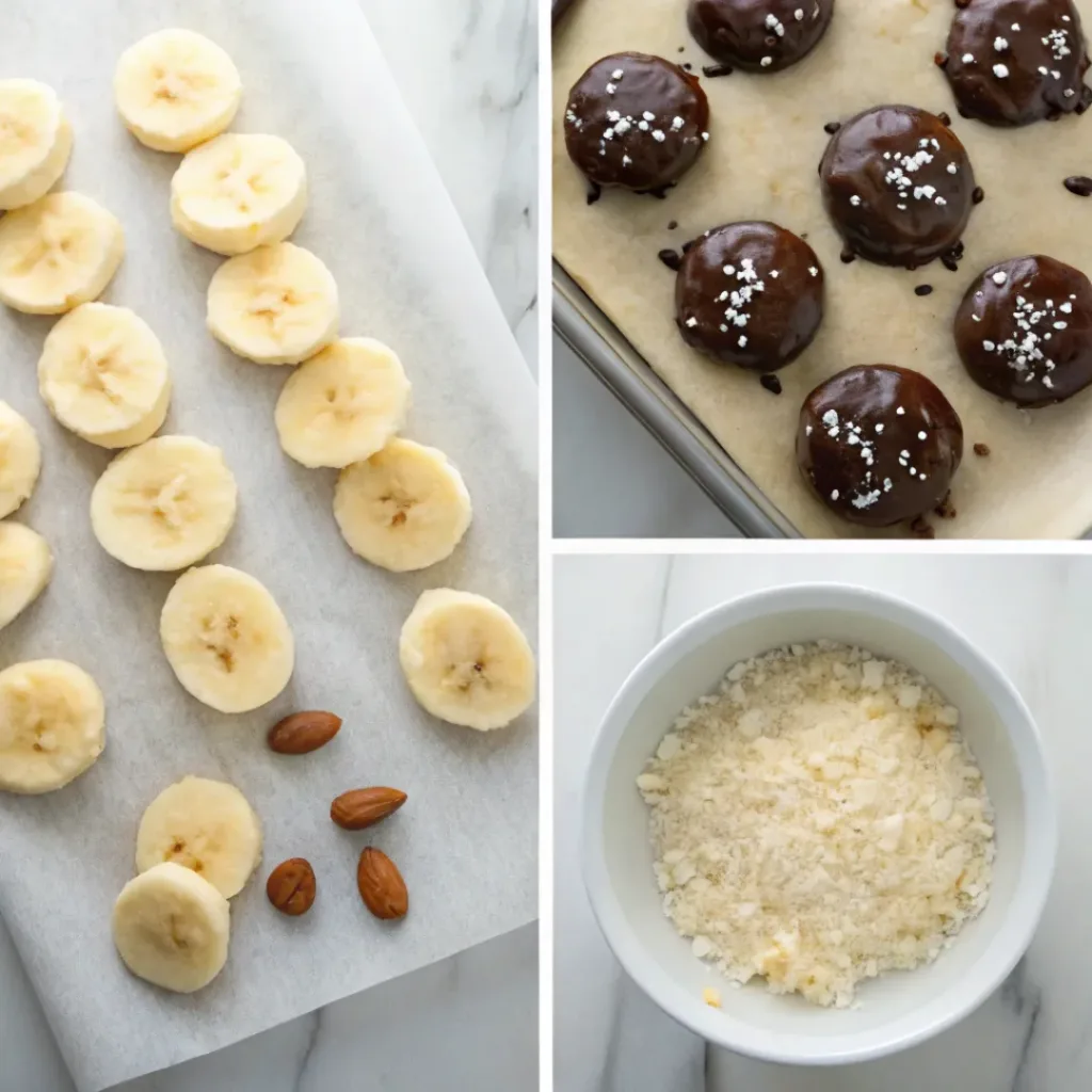 Step-by-step collage showing slicing bananas, dipping them in chocolate, adding toppings, freezing, and serving frozen banana bites.